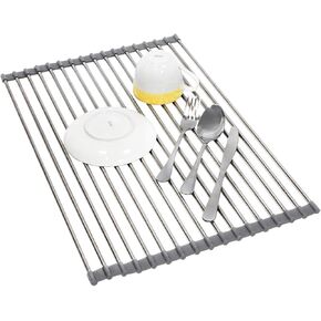 Tatkraft Spin Over The Sink Multipurpose Roll-Up Dish Drying Rack, Stainless Steel, Large, 20.5 x 13.4 inches