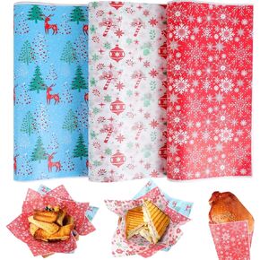 CCINEE 150 Pcs Christmas Wax Paper Sheets for Food,Greaseproof Paper Wrapping Tissue Bulk Deli Baking Paper for Picnic Food Sandwich Cookies Oilproof Basket Liners(9.84 x 9.84 Inch)