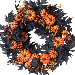 22inch Halloween Wreath Black Maple Leaf Wreath White Pumpkin Wreath Holiday Decoration Party Party Celebration Wreath Front Door Back Door Hallway Patio Decoration Wreath（White）