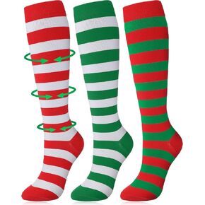 Chuarry 3 Pairs of Christmas Compression Socks for Women Striped Knee High Stockings 15-20mmhg Holiday Gifts for Support Work Nurses Pregnancy Travel