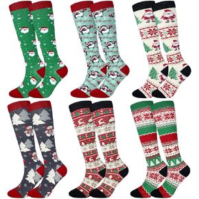 6 Pairs Christmas Compression Socks for Women Men Knee High Compression Socks 20-30 Mmhg Circulation Support Socks