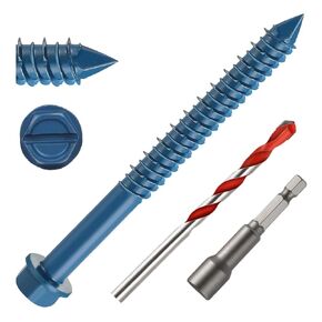 3/16" x 1-1/4" Concrete Screws, 100 PCS Blue Hex Washer Head Concrete Screws Anchor Kit with Drill Bit and Hex Bit Socket, for Masonry, Cement, Block, Brick or Stucco