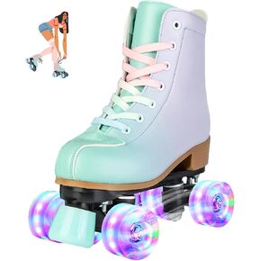 jessie Roller Skates Women, PU Leather Flash Women Roller Skates, Fantasy Adjustable Purple Green Four-Wheel Beginner Adult Roller Skates Girl Skates Indoor Outdoor
