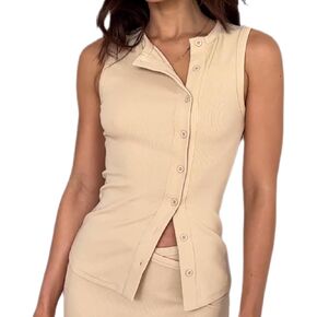 Women Button Down Tank Vest Casual Slim Fit Sleeveless Ribbed Knit Shirt Y2k Skinny Going Out Crewneck Tank Crop Top