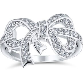 Personalize Romantic Holiday Party Bridal Cubic Zirconia Pave CZ Vintage Victorian Style Ribbon Band Bow Ring For Women Teen .925 Sterling Silver Customizable