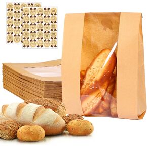 Moretoes Large Paper Bread Bags for Artisan Bread, 50Packs Sourdough Bread Bags with Window Includes Label Seal Stickers for Baked Food Packaging Storage (13.7x8.3x3.5 inch)