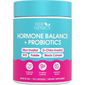 Natural Hormone Balance for Women, PCOS Supplements w/ Probiotics - Myo-Inositol & D-Chiro Inositol & Black Cohosh w/ Folate & B12 - PCOS Supplements for Hormone Balance, Female Vitamins 120 Capsules