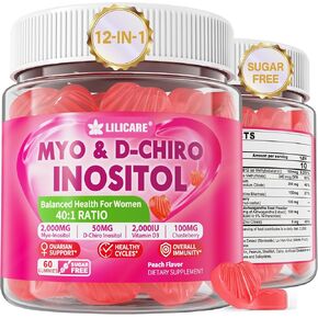 Myo-Inositol & D-Chiro Inositol Gummies 2000mg + 50mg Ideal 40:1 Ratio with Chasteberry, Choline, Folate, Magnesium, Vitamins D3 E C for Hormone Balance, Fertility,Healthy Ovarian & Menstrual