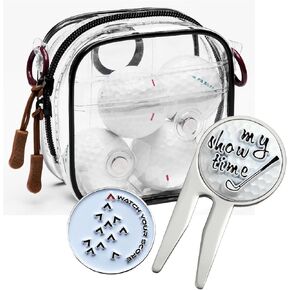 Golf Ball Marker and Golf Divot Tool with Magnetic Clear Golf Ball Bag, Multipurpose Set, Golf tee, Golf Ball Holder Bag, Golf Accessories, Golf Gifts for Men Women