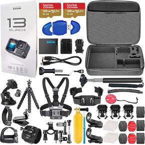 GoPro HERO13 (Hero 13) Black - Action Camera with 5.3K, 27MP Photos, Live Streaming, Webcam + 2X 128GB Card, 50 Piece Accessory Kit - Bundle