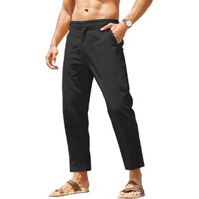 COOFANDY Men's Cotton Linen Pants Elastic Waist Lightweight Casual Pants Slim Fit Yoga Beach Pants with Pockets