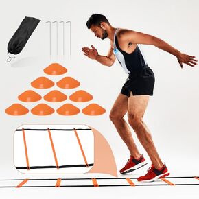 Agility Ladder, Speed Ladder Agility Ladder, 20 Feet 12 Adjustable Rungs Training Ladder for Footwork and 10 Soccer Cones, 4 Stakes with Carry Bag