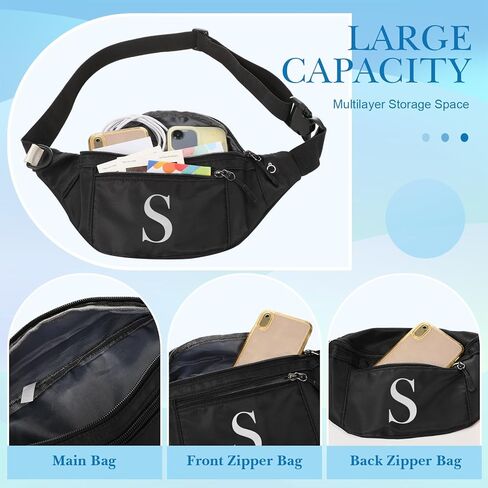 حزمة فاني الأولية، هدايا بحروف واحدة، حزمة خصر سوداء مع 3 جيوب بسحاب للنساء والرجال، حزمة فاني كروس مع حزام قابل للتعديل للتمارين الرياضية والسفر والجري (M) in Kuwait