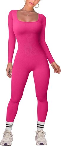 TOB Women Yoga Jumpsuits Workout Ribbed Long Sleeve Square Neck Sport Jumpsuits in Saudi Arabia