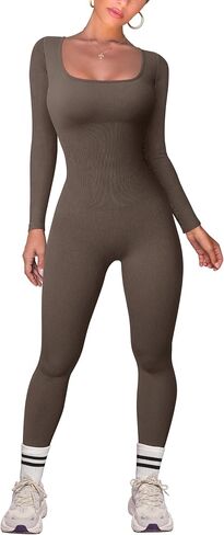 TOB Women Yoga Jumpsuits Workout Ribbed Long Sleeve Square Neck Sport Jumpsuits in Saudi Arabia