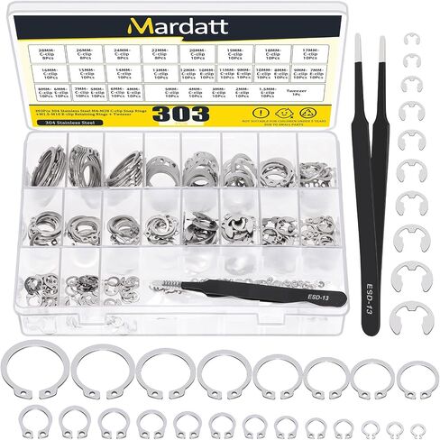 312Pcs 21 Sizes C-clip External Retaining Rings Snap Rings Assortment Set(M4-M28) with 10 Sizes E-Clip Retaining Rings Assortment Set(1.5mm-10mm), 4 in 1 Snap Ring Pliers and Tweezer in Kuwait