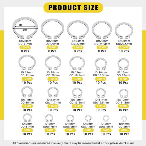 312Pcs 21 Sizes C-clip External Retaining Rings Snap Rings Assortment Set(M4-M28) with 10 Sizes E-Clip Retaining Rings Assortment Set(1.5mm-10mm), 4 in 1 Snap Ring Pliers and Tweezer in Kuwait