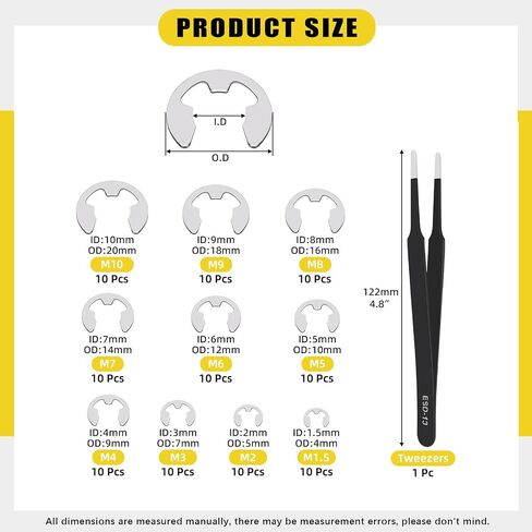 312Pcs 21 Sizes C-clip External Retaining Rings Snap Rings Assortment Set(M4-M28) with 10 Sizes E-Clip Retaining Rings Assortment Set(1.5mm-10mm), 4 in 1 Snap Ring Pliers and Tweezer in Kuwait