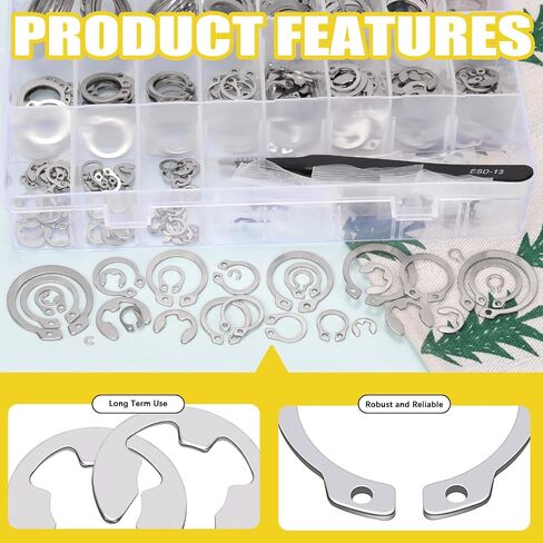 312Pcs 21 Sizes C-clip External Retaining Rings Snap Rings Assortment Set(M4-M28) with 10 Sizes E-Clip Retaining Rings Assortment Set(1.5mm-10mm), 4 in 1 Snap Ring Pliers and Tweezer in Kuwait
