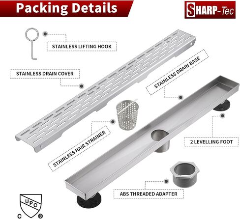 Sharp-tec Shower Drain, 32 inch Linear Shower Drain, Brushed 304 Stainless Steel Rectangular Shower Floor Drain with Adjustable Leveling Feet, Hair Strainer, cUPC Certified, ST-096-32S in Saudi Arabia