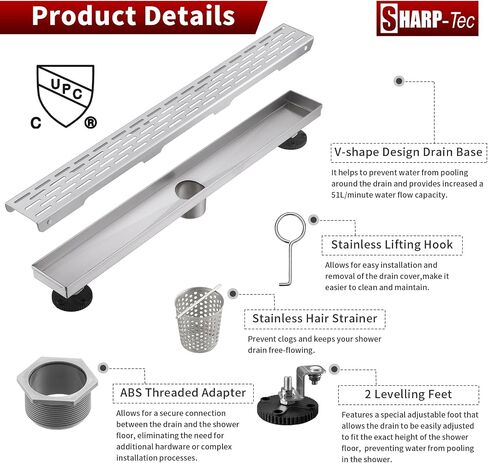 Sharp-tec Shower Drain, 32 inch Linear Shower Drain, Brushed 304 Stainless Steel Rectangular Shower Floor Drain with Adjustable Leveling Feet, Hair Strainer, cUPC Certified, ST-096-32S in Saudi Arabia