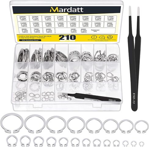 266Pcs 21 Sizes M4-M28 External Retaining Rings Assortment Kit, Circlip Retainer Rings, Circlip Snap Retaining C-Clips with Tweezer for Axles, Shafts and Other Moving Parts in Kuwait
