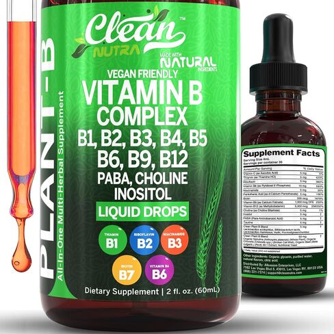 Vitamin B Complex Liquid Drops | Thiamine B1, B6, B2, B3, B4, B5, B7 B9, B12, Niacinamide, Paba, Choline Inositol Taurine Probiotics Beet Root Spirulina - Plant-B Vitamin Supplements by Clean Nutra in Saudi Arabia