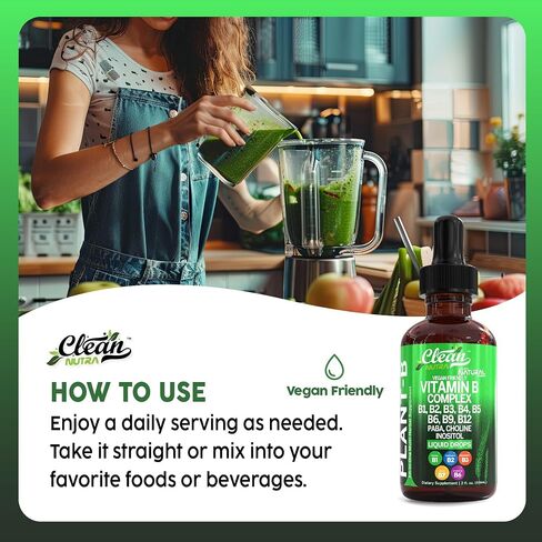 Vitamin B Complex Liquid Drops | Thiamine B1, B6, B2, B3, B4, B5, B7 B9, B12, Niacinamide, Paba, Choline Inositol Taurine Probiotics Beet Root Spirulina - Plant-B Vitamin Supplements by Clean Nutra in Saudi Arabia