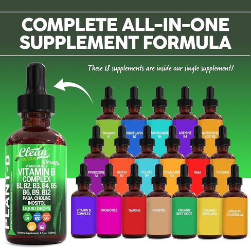Vitamin B Complex Liquid Drops | Thiamine B1, B6, B2, B3, B4, B5, B7 B9, B12, Niacinamide, Paba, Choline Inositol Taurine Probiotics Beet Root Spirulina - Plant-B Vitamin Supplements by Clean Nutra in Saudi Arabia