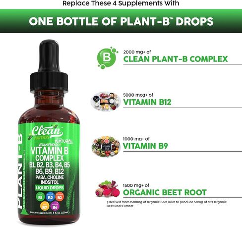 Vitamin B Complex Liquid Drops | Thiamine B1, B6, B2, B3, B4, B5, B7 B9, B12, Niacinamide, Paba, Choline Inositol Taurine Probiotics Beet Root Spirulina - Plant-B Vitamin Supplements by Clean Nutra in Saudi Arabia