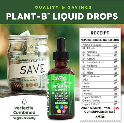 Vitamin B Complex Liquid Drops | Thiamine B1, B6, B2, B3, B4, B5, B7 B9, B12, Niacinamide, Paba, Choline Inositol Taurine Probiotics Beet Root Spirulina - Plant-B Vitamin Supplements by Clean Nutra in Saudi Arabia