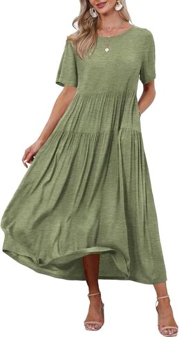 YESNO Women Casual Loose Bohemian Dress with Pockets Short Sleeve Long Maxi Summer Beach Swing Dresses in Saudi Arabia
