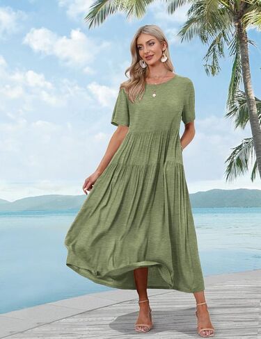 YESNO Women Casual Loose Bohemian Dress with Pockets Short Sleeve Long Maxi Summer Beach Swing Dresses in Saudi Arabia