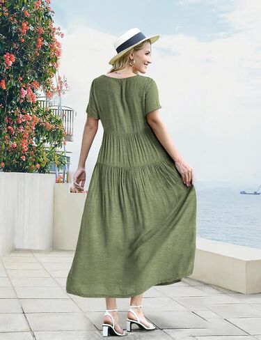 YESNO Women Casual Loose Bohemian Dress with Pockets Short Sleeve Long Maxi Summer Beach Swing Dresses in Saudi Arabia