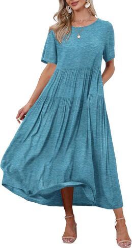 YESNO Women Casual Loose Bohemian Dress with Pockets Short Sleeve Long Maxi Summer Beach Swing Dresses in Saudi Arabia