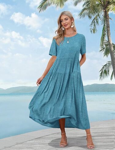 YESNO Women Casual Loose Bohemian Dress with Pockets Short Sleeve Long Maxi Summer Beach Swing Dresses in Saudi Arabia