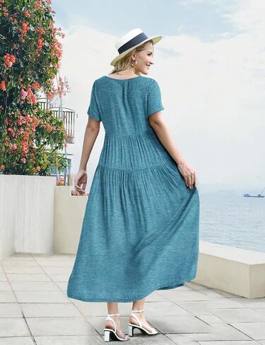 YESNO Women Casual Loose Bohemian Dress with Pockets Short Sleeve Long Maxi Summer Beach Swing Dresses in Saudi Arabia