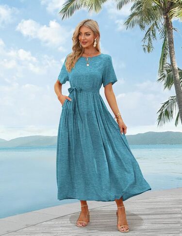 YESNO Women Casual Loose Bohemian Dress with Pockets Short Sleeve Long Maxi Summer Beach Swing Dresses in Saudi Arabia