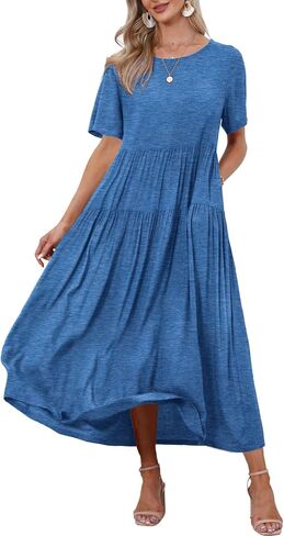 YESNO Women Casual Loose Bohemian Dress with Pockets Short Sleeve Long Maxi Summer Beach Swing Dresses in Saudi Arabia