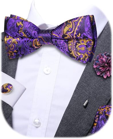 Dubulle Mens Bowtie and Lapel Pin Set Paisley Floral Pretied Bowtie with Pocket Square Cufflinks in Saudi Arabia