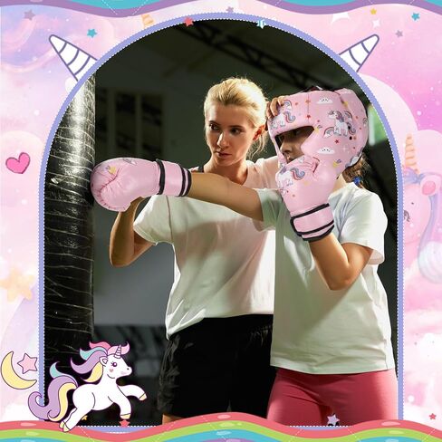Boxing Headgear and Gloves Set for Kids Youth Pink 4oz Unicorn Boxing Gloves and Wrestling Headgear Boxing Sparring Equipment for Boxing Kick Boxing Muay Thai BJJ Karate Training in Saudi Arabia