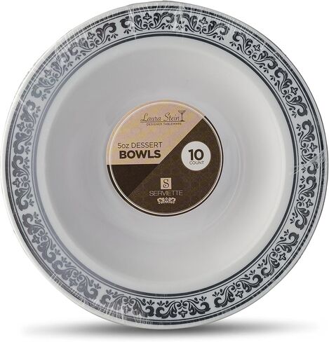 [40 Count - 5 Oz Bowls] Laura Stein Designer Tableware Premium Heavyweight Plastic White Dessert Bowl With Silver Designed Border, Party & Wedding Plate Serviette Series Disposable Dishes in Saudi Arabia