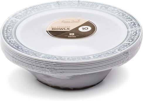 [40 Count - 5 Oz Bowls] Laura Stein Designer Tableware Premium Heavyweight Plastic White Dessert Bowl With Silver Designed Border, Party & Wedding Plate Serviette Series Disposable Dishes in Saudi Arabia