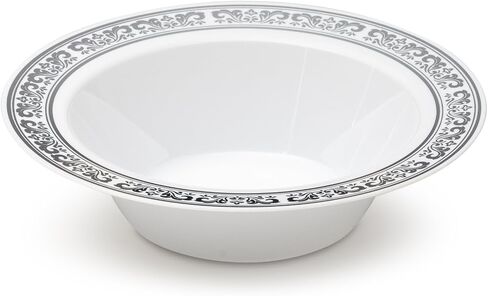 [40 Count - 5 Oz Bowls] Laura Stein Designer Tableware Premium Heavyweight Plastic White Dessert Bowl With Silver Designed Border, Party & Wedding Plate Serviette Series Disposable Dishes in Saudi Arabia
