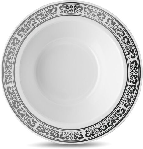 [40 Count - 5 Oz Bowls] Laura Stein Designer Tableware Premium Heavyweight Plastic White Dessert Bowl With Silver Designed Border, Party & Wedding Plate Serviette Series Disposable Dishes in Saudi Arabia