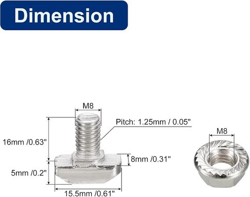 uxcell M8x16mm T فتحة مسمار منسدل ومجموعة M8 سداسية شفة صامولة، 20 مجموعة مطرقة رأس T-Bolt T شكل مسمار منزلق لـ 30 سلسلة من الألومنيوم in Saudi Arabia