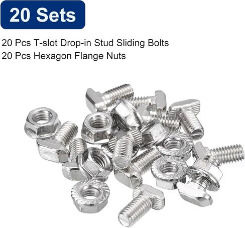 uxcell M8x16mm T فتحة مسمار منسدل ومجموعة M8 سداسية شفة صامولة، 20 مجموعة مطرقة رأس T-Bolt T شكل مسمار منزلق لـ 30 سلسلة من الألومنيوم in Saudi Arabia