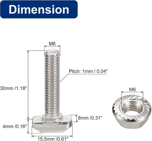 uxcell M8x16mm T فتحة مسمار منسدل ومجموعة M8 سداسية شفة صامولة، 20 مجموعة مطرقة رأس T-Bolt T شكل مسمار منزلق لـ 30 سلسلة من الألومنيوم in Saudi Arabia