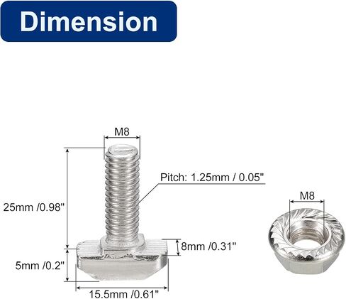 uxcell M8x16mm T فتحة مسمار منسدل ومجموعة M8 سداسية شفة صامولة، 20 مجموعة مطرقة رأس T-Bolt T شكل مسمار منزلق لـ 30 سلسلة من الألومنيوم in Saudi Arabia