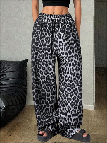 MakeMeChic Women's Leopard Print Drawstring Waist Sweatpants Loose Fit Wide Leg Jogger Pants in Kuwait